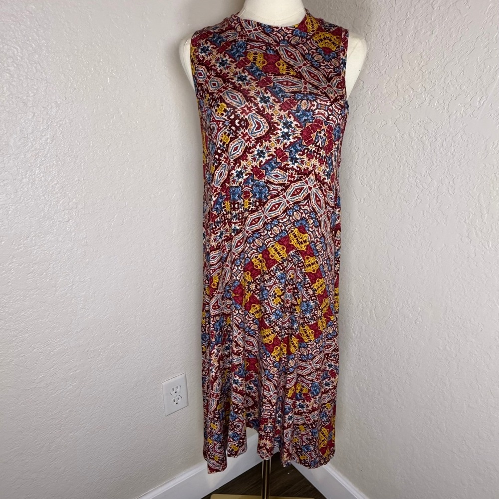 Swing Dress Anthropologie Maeve Geometric Print Sleeveless Pockets L NEW Boho